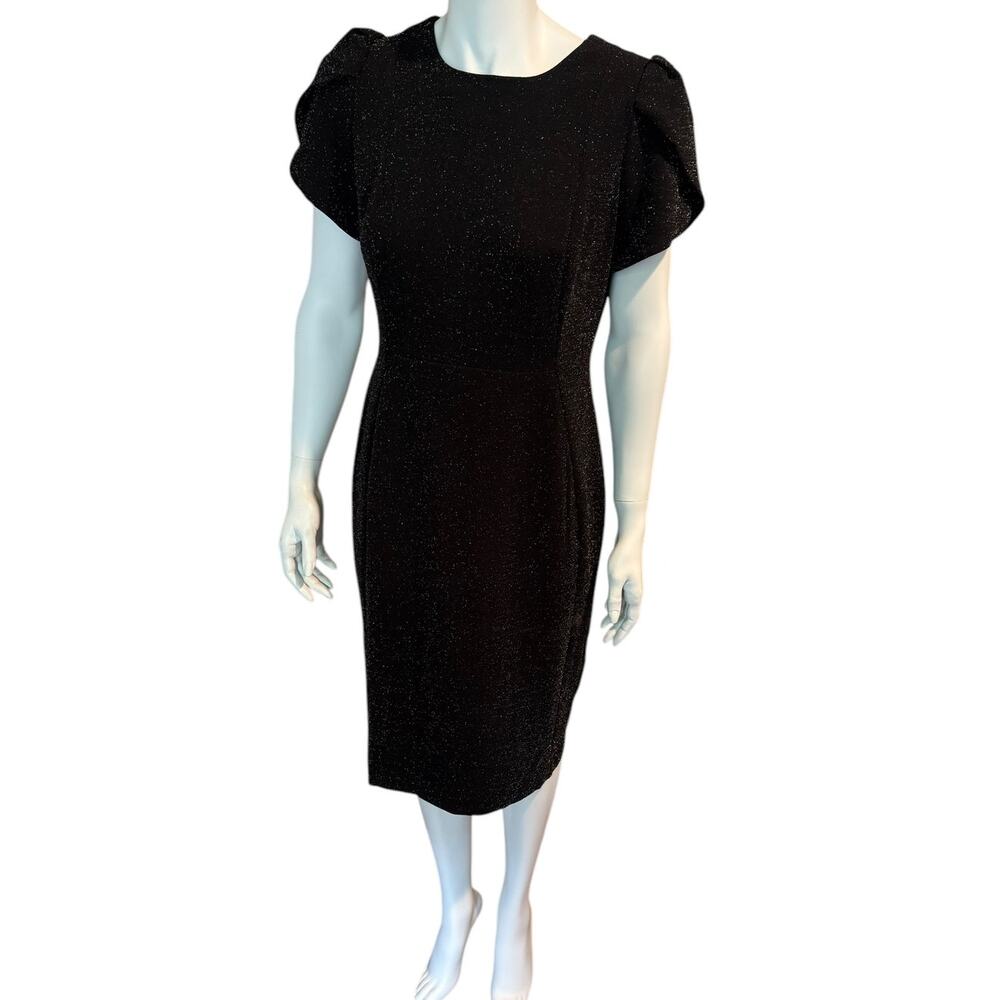 Calvin Klein Black Silver Metallic Short Sleeve Shift Dress‎ 10 Cocktail LBD